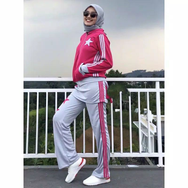 setelan senam olahraga aerobik / set senam zumba rok pink abu / set baju senam muslim hijab