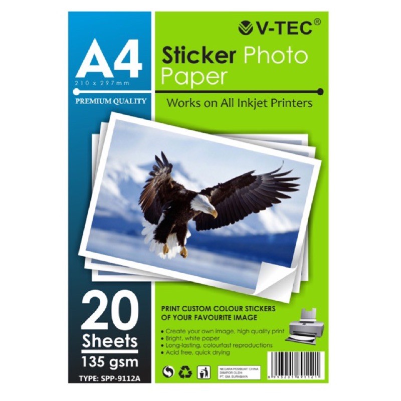 

KERTAS STIKER FOTO 135gsm - Sticker photo paper A4 V-Tec 135gsm - sticker photo V-Tec