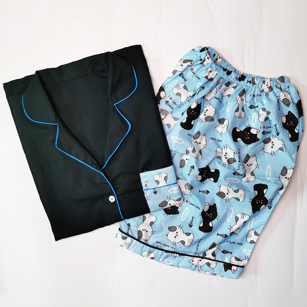 Setelan Piyama Dewasa Celana Pendek Lengan Pendek Hotpant All Size-HPL CAT BLUE 2 COMBI