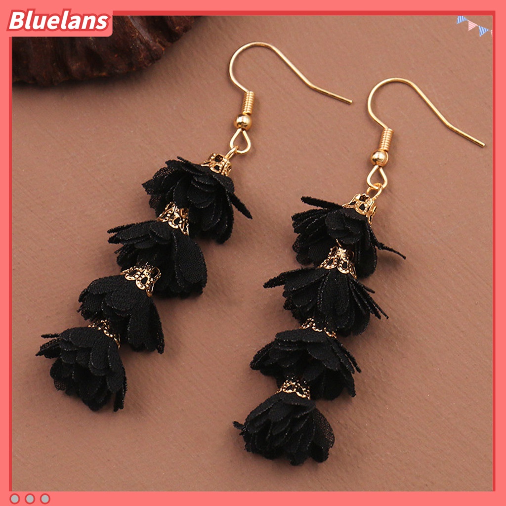 Bluelans 1 Pasang Anting Kait Gantung Wanita Desain Bunga Kain Alloy Rumbai Multi Layer Untuk Hadiah