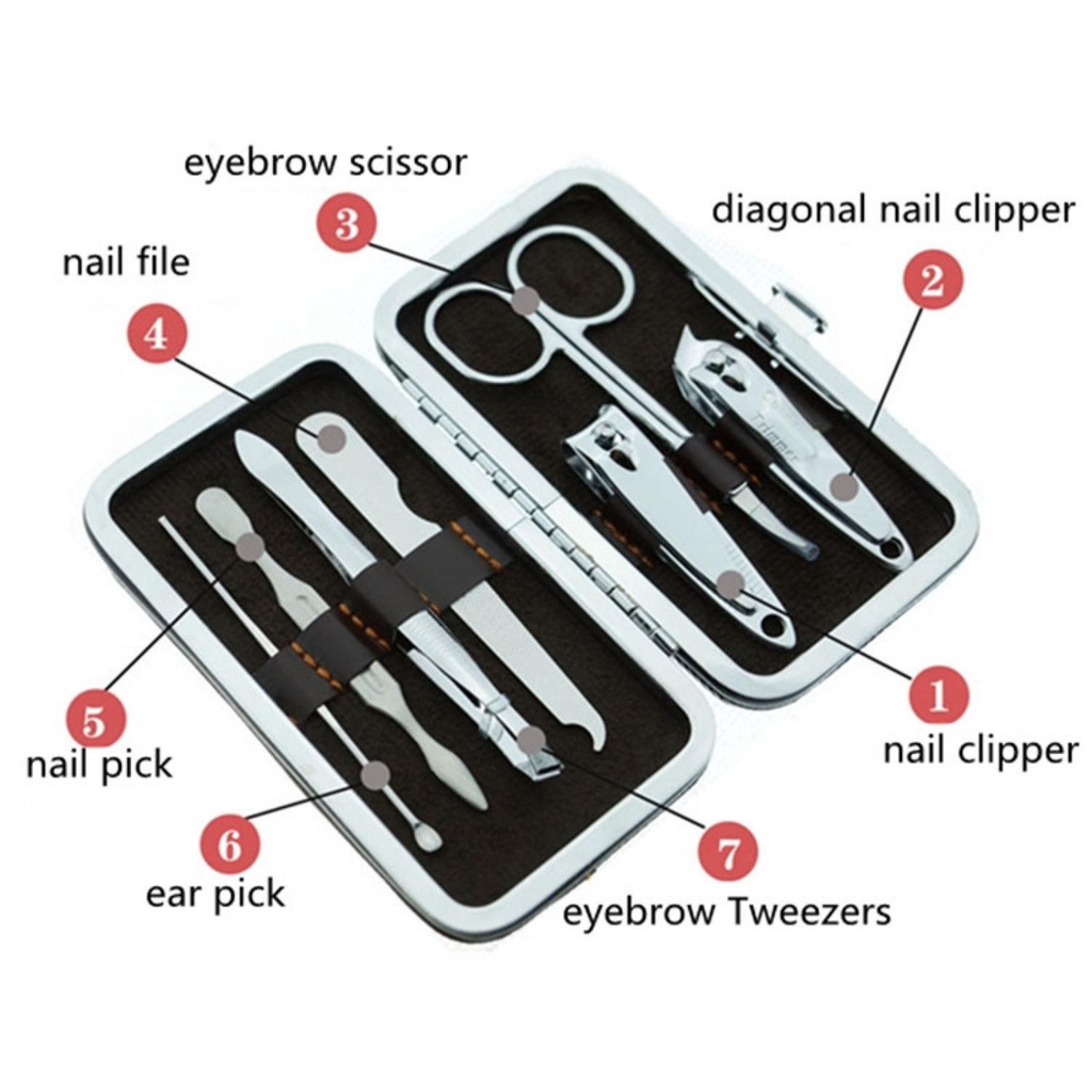 Manicure Pedicure Stainless Steel Perawatan Kuku / Gunting Kuku Dan Pembersih Kuku Set 7 Pcs