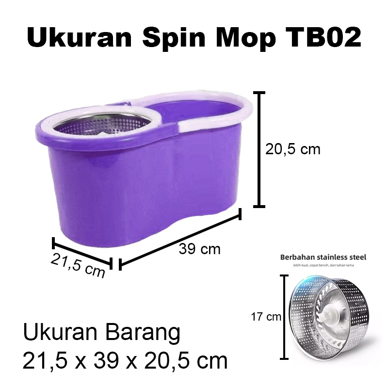 Spin Mop Stainless Alat Pel Putar Dengan Ember Stainlees Pel Praktis Multifungsi Alat Pel Kain Murah Pel TB02WFS