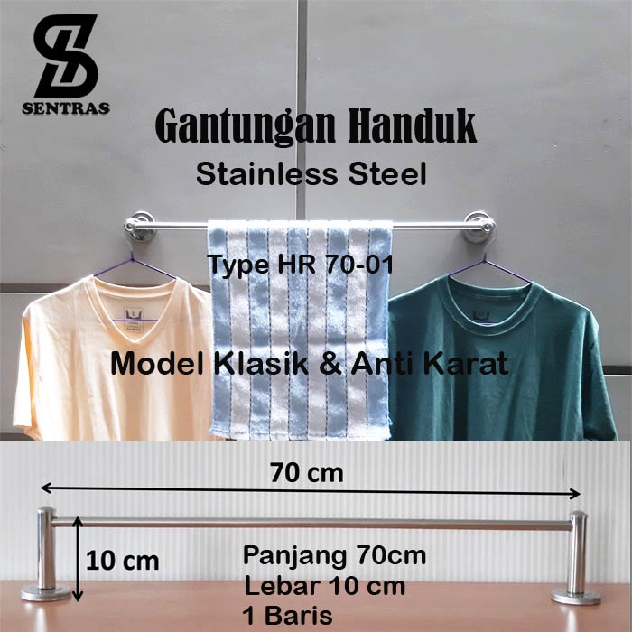 Gantungan Handuk Stainless Steel, Panjang 70 cm,1 Baris &amp; 2 Baris