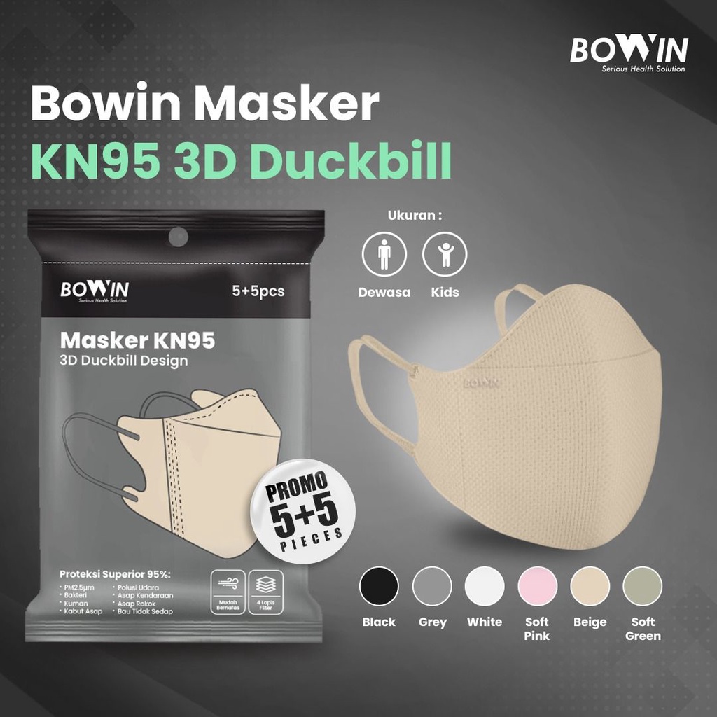 BOWIN Masker KN95 - DUCKBILL 3D (Filter ≥95% BFE PFE) Masker Medis / Masker Kesehatan (isi 3 / 10 pcs)