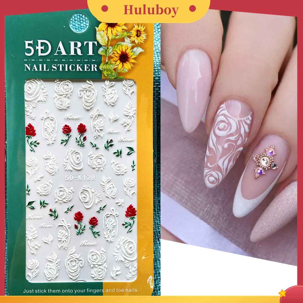 Huluboy Huluboy♡ Stiker Kuku Desain Bunga Timbul 5D Warna Putih Untuk Manicure