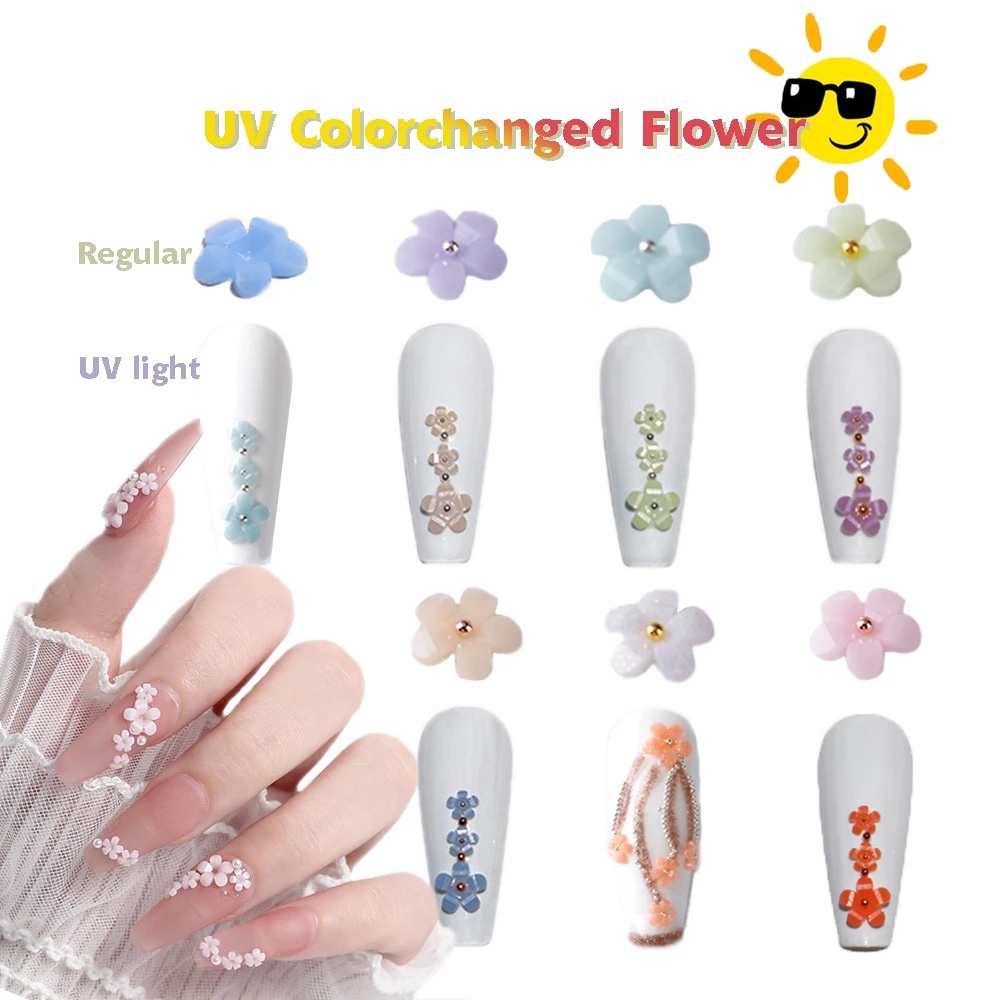 1 Kotak Stiker Kuku UV Gel Polish Desain Bunga 3D Aksen Berlian Imitasi Berubah Warna Untuk Dekorasi Manicure