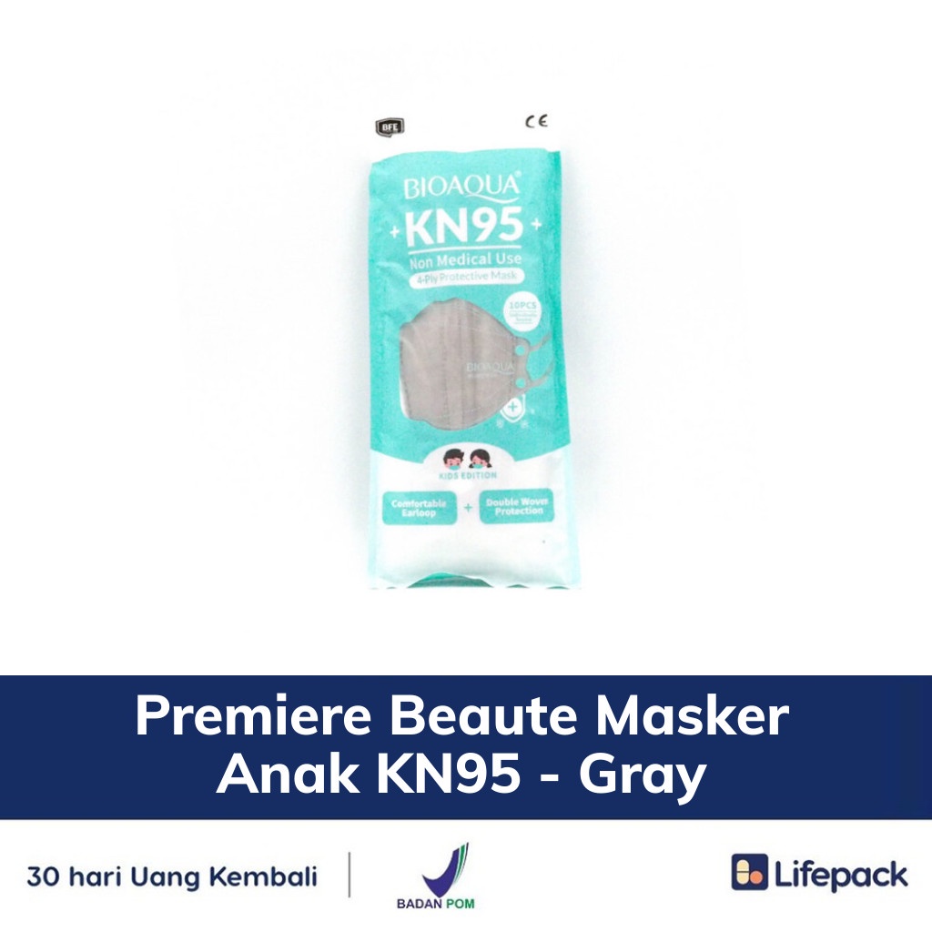 Bioaqua  Masker Anak KN95 - Masker Pelindung Debu, Bakteri, dan Virus - LIFEPACK-Grey