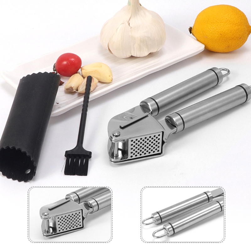 1 Set Alat Penghancur Bawang Putih Manual Bahan Stainless Steel Dengan Sikat Pembersih Silikon