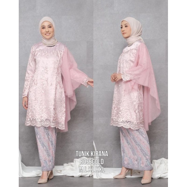 Stelan Tunik Brokat Mewah Rok Plisket Sutra Batik / Set Kebaya Kirana Modern Full Tulle Premium Mix Tulle Polos Inner Satin Cavali Payet Dada Free Masker / Stelan Baju Wisuda 2022 / Set Tunik Brokat / One Set Baju Nikahan / Seragaman Kebaya Keluarga