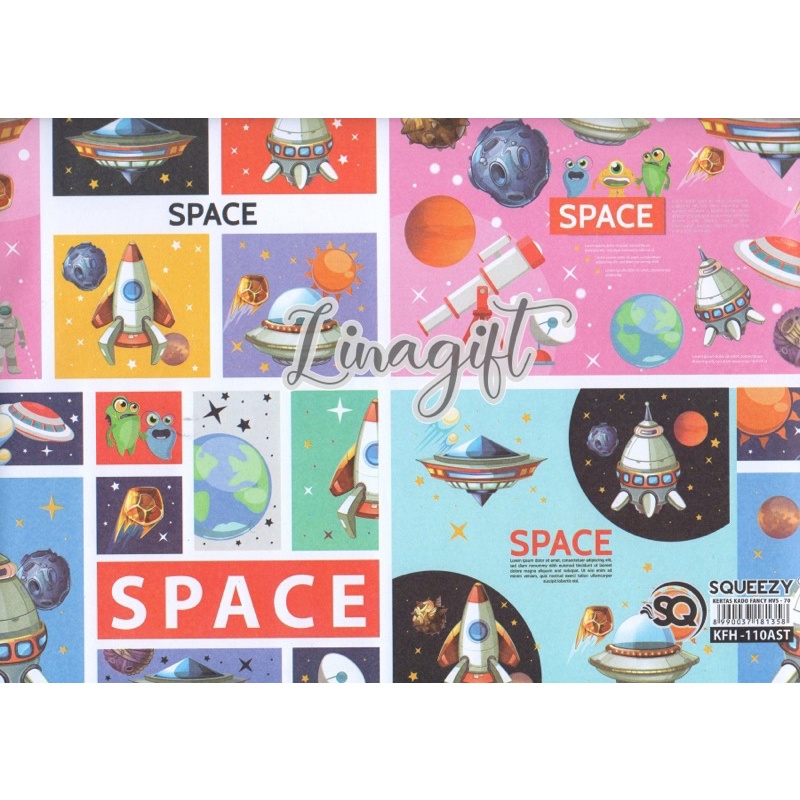 ( 5 Lembar ) KERTAS KADO SQ DOFF - GIFT WRAPPING PAPER ASTRONUT / SPACE / ROCKET / ALIEN / MOON / PLANET / UNIVERSE / GALAXY SEMI DOFF