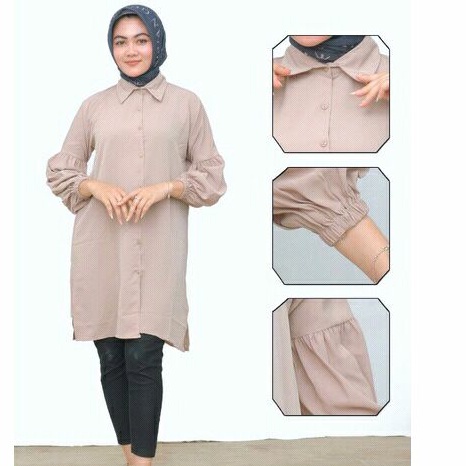 Baju Long Dress Tunik  Kemeja Wanita Muslim Lengan Balon Kekinian