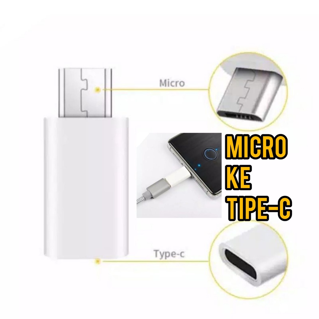 Sambungan Cas dari Micro ke Tipe C Adapter Converter Male to Female Konverter HP Biasa Ke Type C Hitam dan Putih