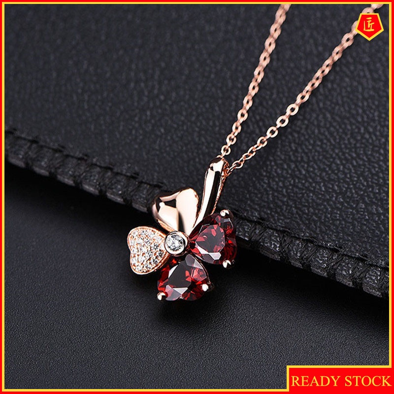 [Ready Stock]Fashion Luxury Lucky Four-Leaf Clover Necklace Inlaid with Red Crystal Pendant