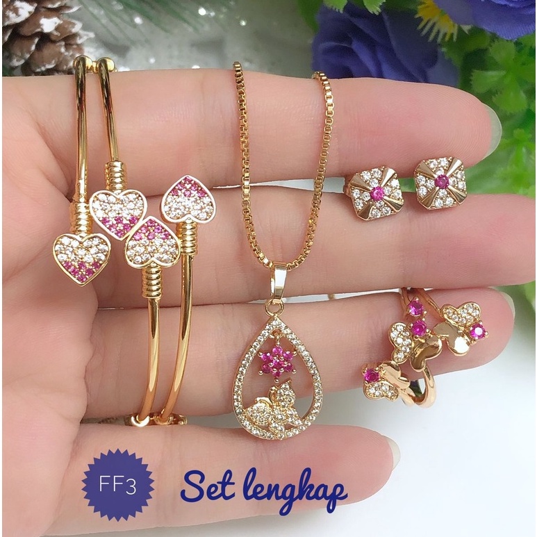 XUPED Set Perhiasan Lapis Emas Xuping Gelang Ring Fleksible Love Hati Anting Cincin Kalung Liontin K