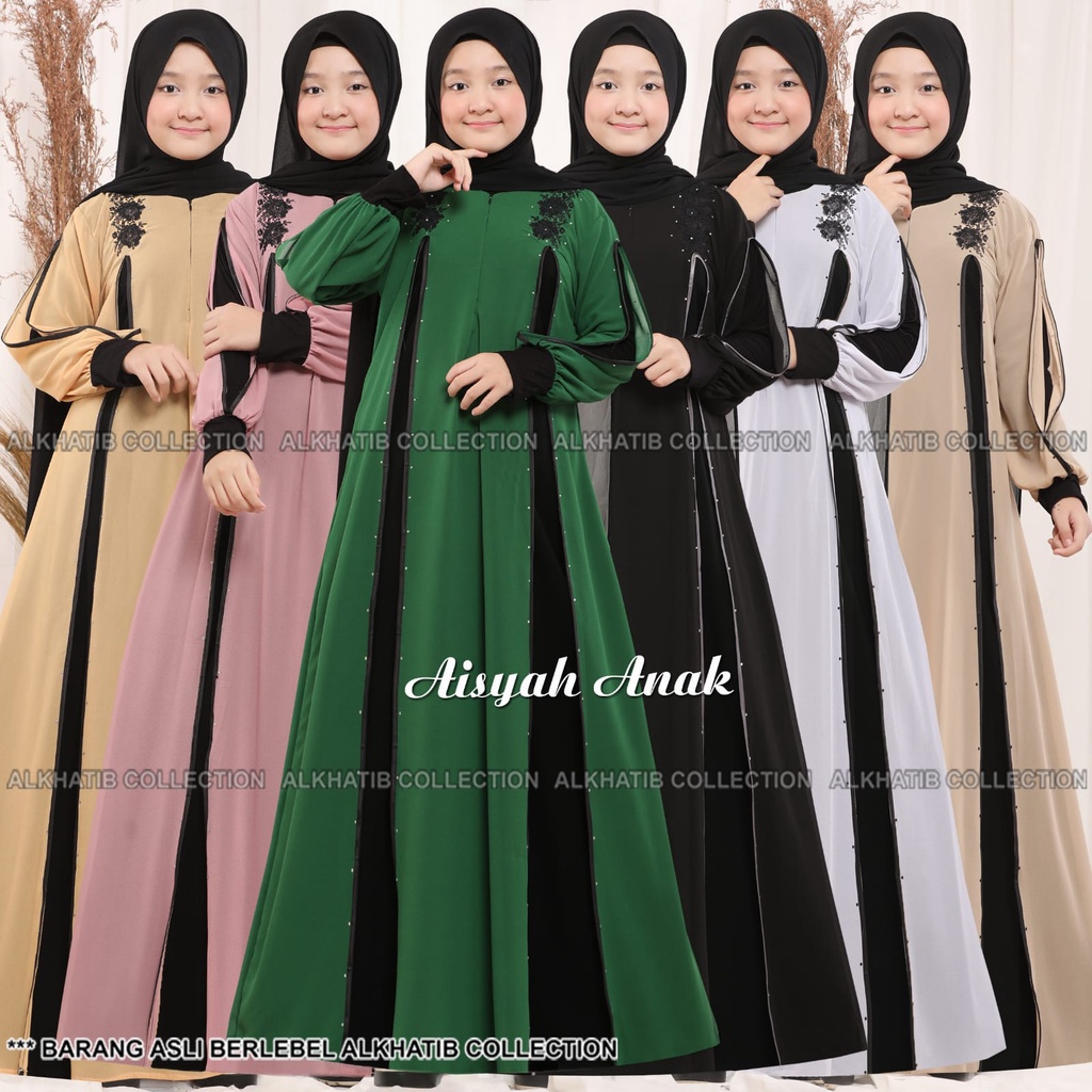 ABAYA AISYAH ANAK BORDIR JETBLACK KOMBINASI SIFON ALKHATIB COLLECTION USIA 2 TAHUN - 14 TAHUN / COD 