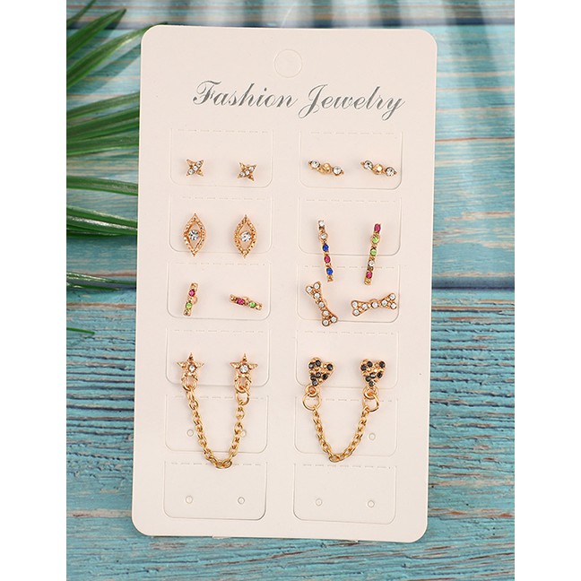 LRC Anting Set Fashion Gold Diamond-shaped Alloy Bone Heart-shaped Eye Studs 8 Pairs F78102