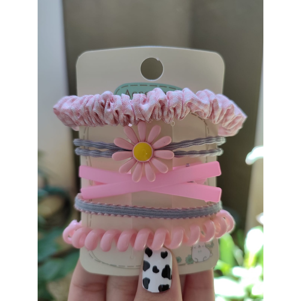 Ikat Rambut Korea Towel Ring Set ( isi 50pcs)-SET(5pcs)-PINK KOTAK