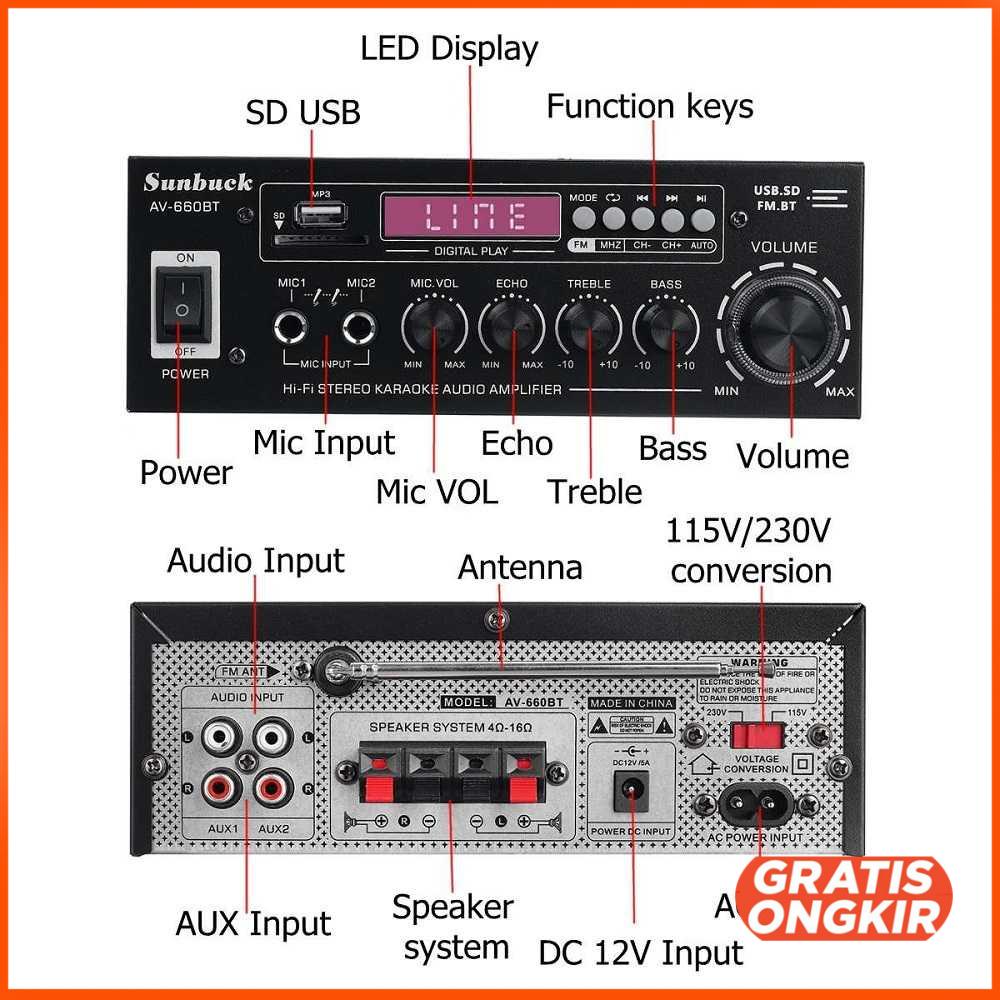 Audio Bluetooth 5.0 DAC Amplifier 2 Ch Remote 2000W - AV-660BT