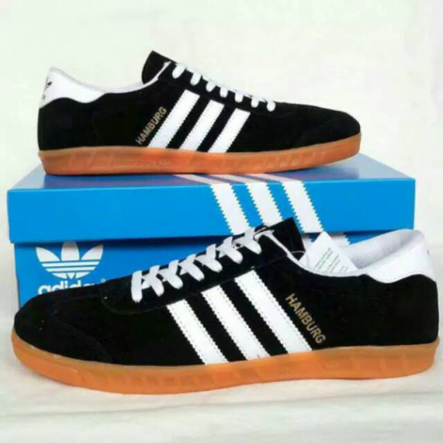 Sepatu Adidas Hamburg Black White Navy White Sol Gum Karet Sneakers Sekolah Kerja Kuliah Kado Hadiah