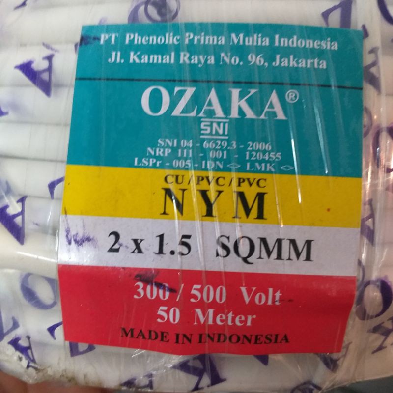 Kabel OZAKA NYM 2x1,5 @50m 2x1.5 putih tunggal kawat