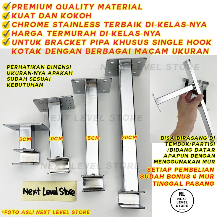 Wall Hanging Rail Support Single Hook Kotak Cantolan Pipa Bracket - Pilih ukuran di VARIASI
