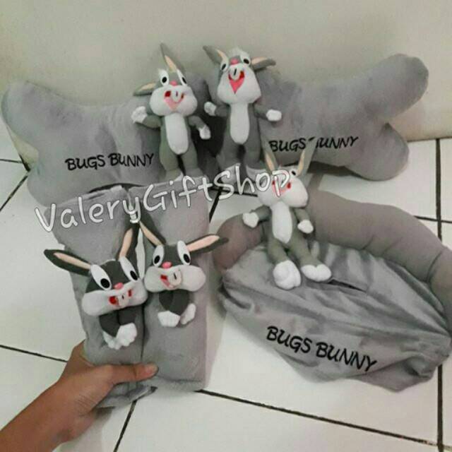Carset 3in1 Cover Sarung Mobil Bantal Mobil Headrest Boneka Kelinci Rabbit Looney Tunes Bugs Bunny