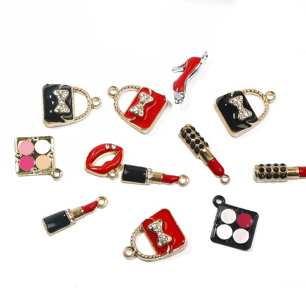 2-4 Pcs Enamel Makeup Charms Mixed Women Lip Lipstick Alloy Gold Tone Necklace Bracelet Jewelry Making Accessory