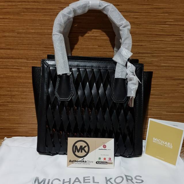 Tas Michael-Kors MK Mercer Studio Woven Leather Crossbody BLACK - NWT