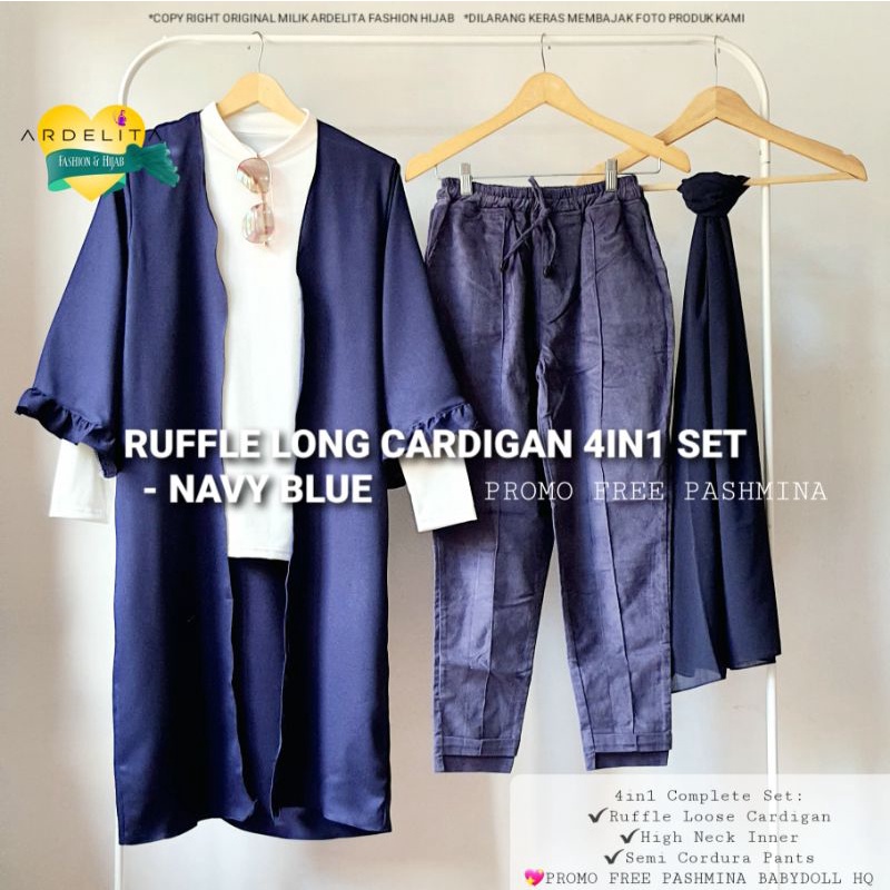 RUFFLE LONG CARDIGAN SET SETELAN CELANA TRENDY OOTD HIJAB KEKINIAN CANTIK TERBARU BAJU WANITA BUAT L