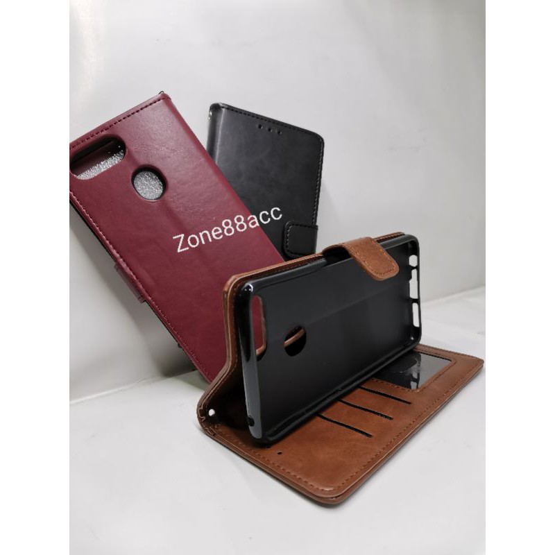 Oppo F7 Leather Case Flip Cover Casing Sarung Dompet Wallet Kulit Softcase