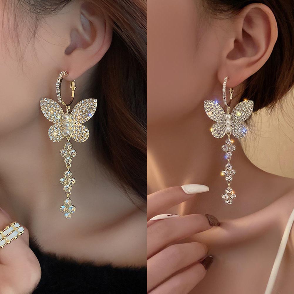 Anting Panjang Desain Kupu-Kupu Bulan Bintang Bunga Aksen Mutiara Berlian Imitasi Gaya Korea Untuk Wanita