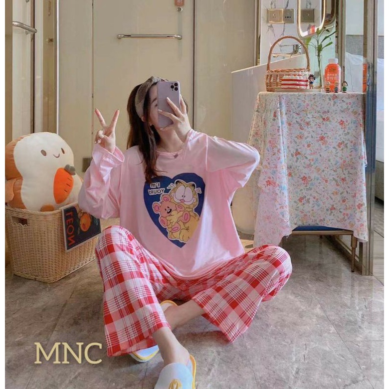 PIYAMA PP WANITA IMPORT SPANDEX|BIGSIZE|JUMBO/SET OVERSIZE/BAJU TIDUR lengan panjang-PP.BZ GARF&BEAR pink