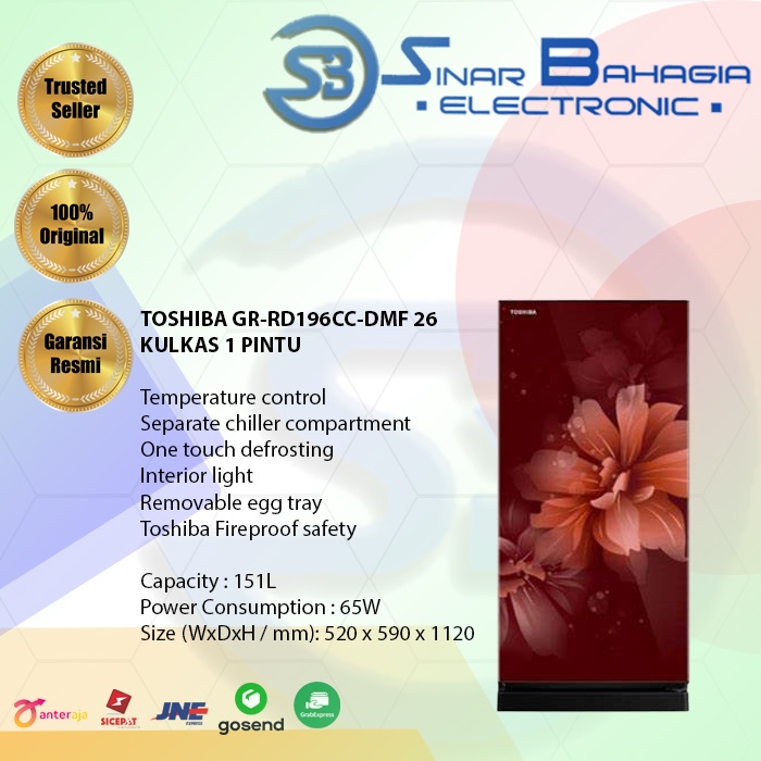 TOSHIBA GR-RD196CC-DMF 26 KULKAS 1 PINTU (NEW) (KHUSUS BANDUNG)