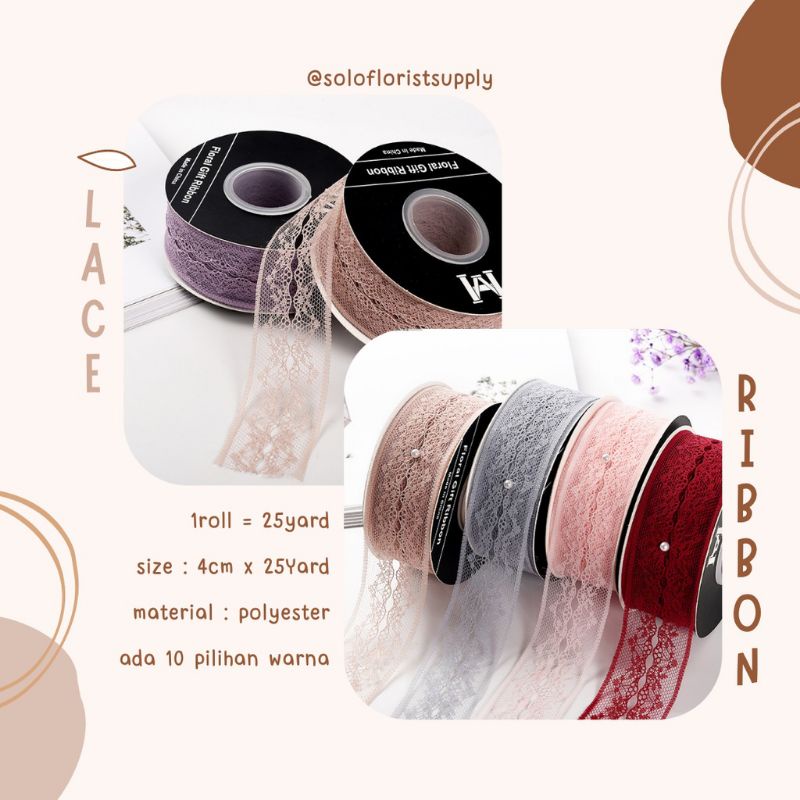 1ROLL 4CM Lace Ribbon - Pita Renda Bordir LPita Renda 3 CM putih hitam pink merah maroon lace ribbon
