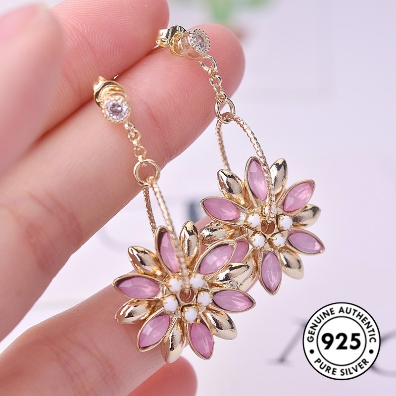 Anting Tusuk Sterling Silver 925 Desain Bunga Elegan Ala Vintage Untuk Wanita