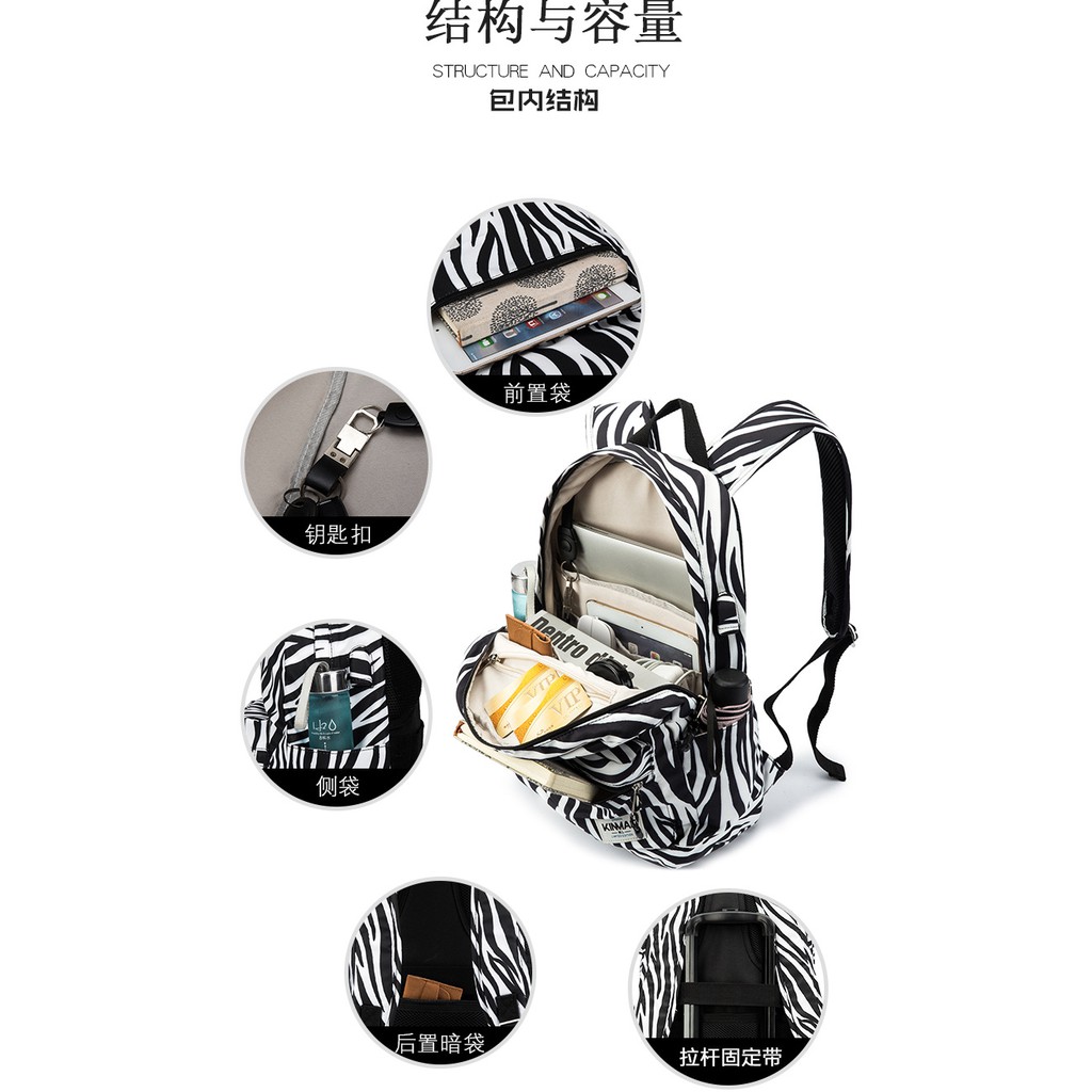 KINMAC BACKPACK Premium BLACK &amp; WHITE ZEBRA Tas Laptop Backpack Tas Ransel USB Charging