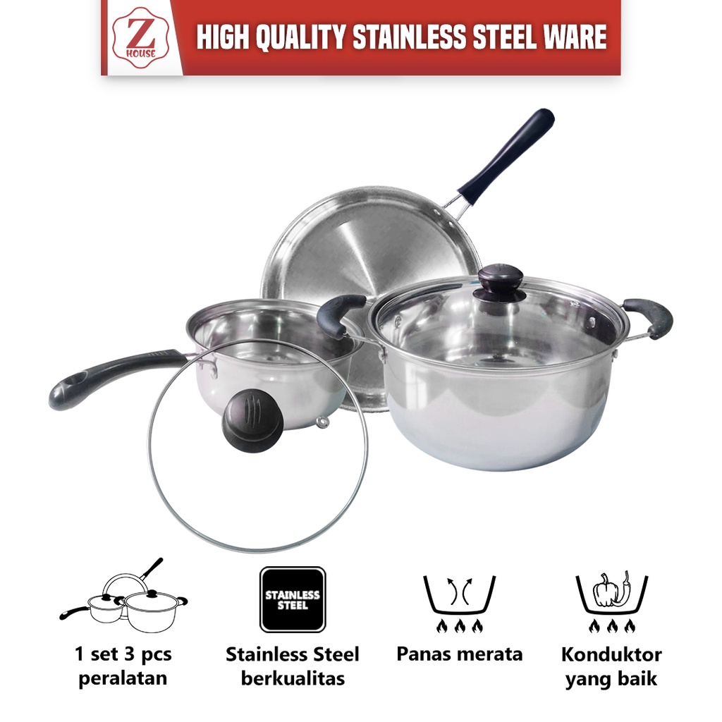 PANCI SET WAJAN PENGGORENGAN ISI 3PCS SERBAGUNA STAINLESS STEEL/PANCII TRFLON STAINLESS KOS MURAH PROMO