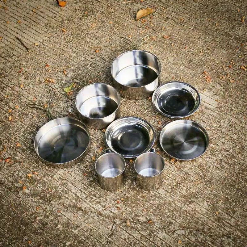 Nesting isi 8 alat masak portabel pan set stainless camping outdoor