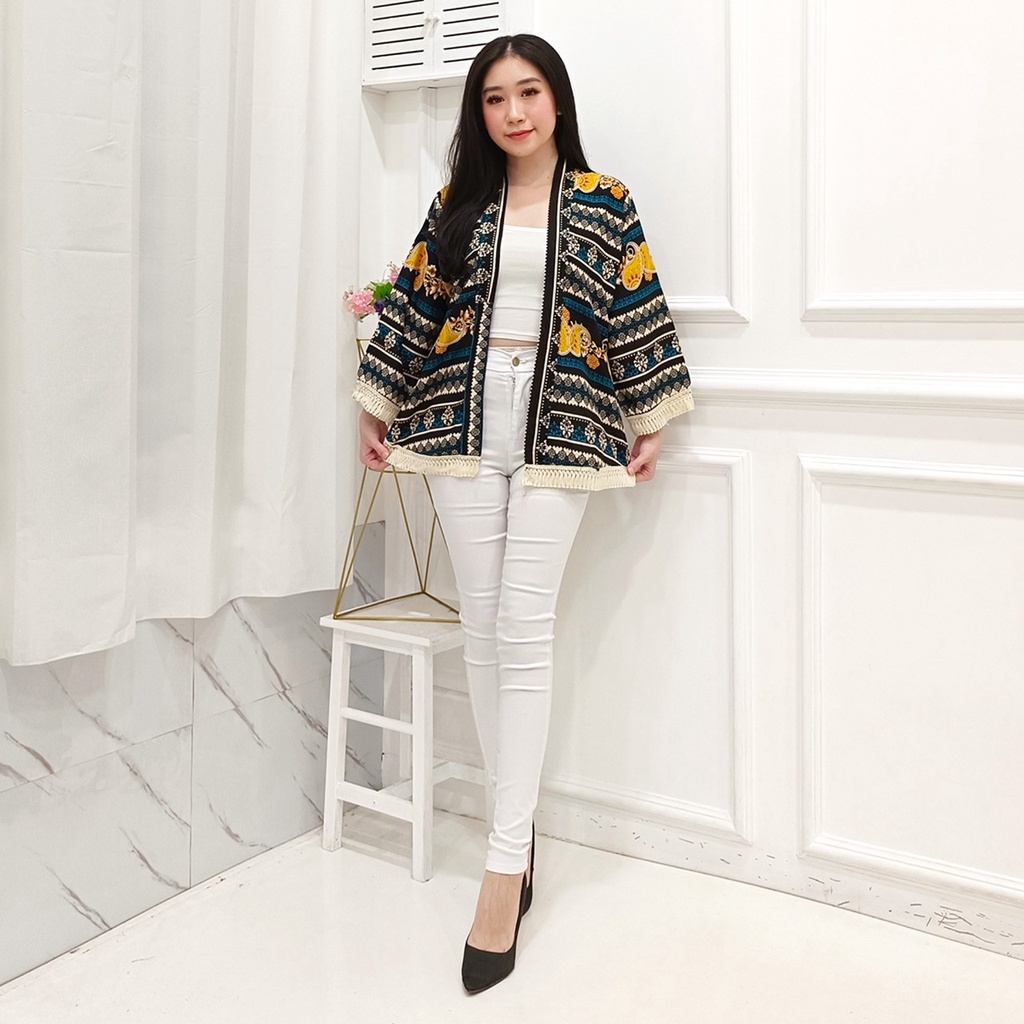 𝑱𝒂𝒌𝒂𝒓𝒕𝒂𝑭𝒂𝒔𝒉𝒊𝒐𝒏 kardigan katun motif renda rumbai cream motif etnic cardigan bohemian tribal adem