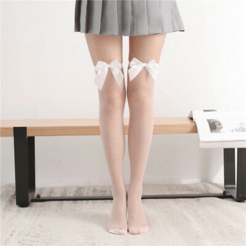 Stocking Wanita Sepaha Kaus Kaki Panjang Lolita High Knee Socks Pita Hitam Putih