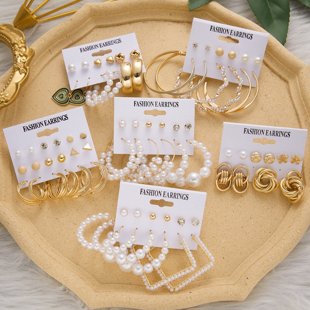 6 Pasang / Set Anting Stud Desain Kupu-Kupu Rumbai Kristal Mutiara Gaya Retro Untuk Wanita