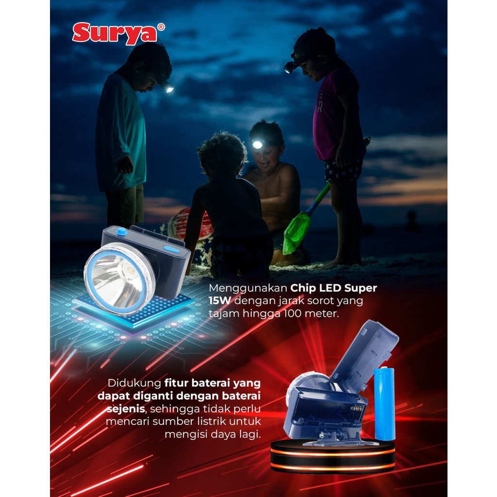 Surya Senter Kepala LED Super Terang Lithium SYH L155B LAMPU PUTIH 15 Watt With Dimmer Switch Super LED Rechargeable FREE Cable Bundle 10 JAM