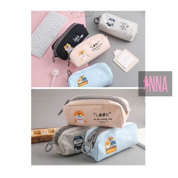 

On Sale TP0046 Kawaii Shiba Dog Big Zipper Large Pencil Case / Tempat Pensil - black Murah