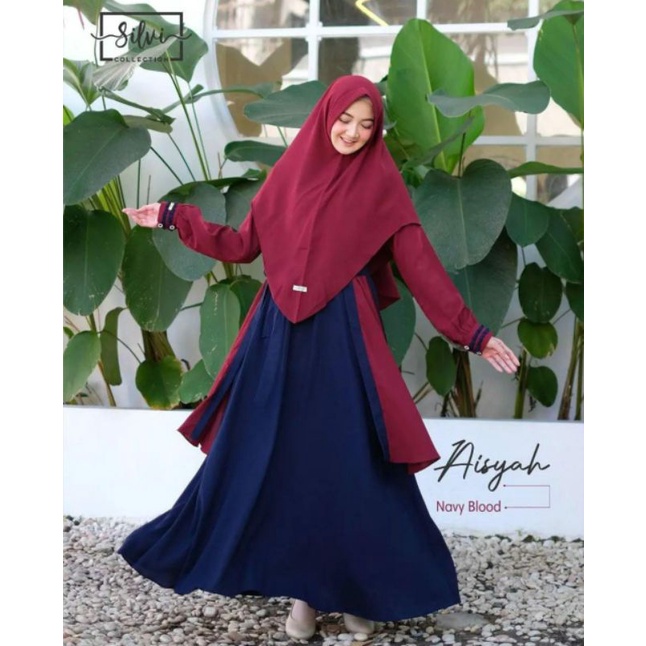 READY AISYAH DRESS NAVY BLOOD BY SILVI COLLECTION DRESS SET HIJAB TERBARU DRESS LENGAN PANJANG