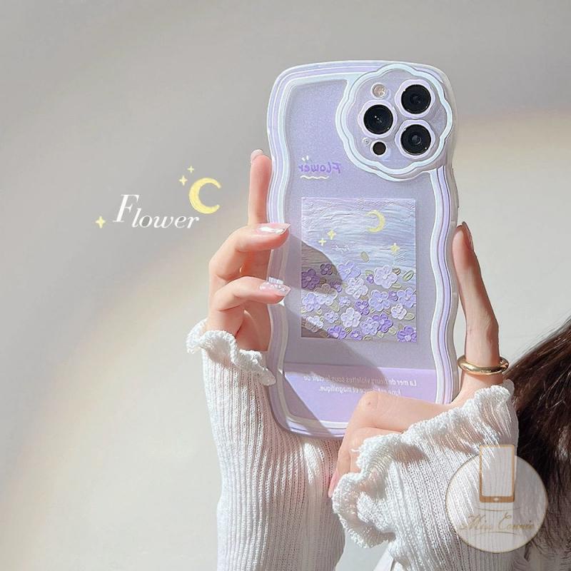 Soft Case Pelindung Lensa Kamera Desain Lukisan Minyak Bunga Ungu Untuk iPhone 11 12 13 Pro MAX XR 6 6s 7 8 Plus SE 2020 X XS MAX