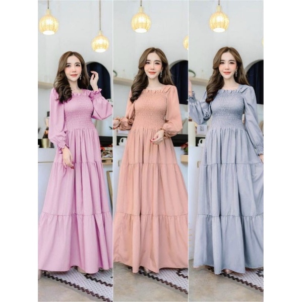 Square Neck Smock Maxi Dress / Gamis Wanita Import Basic Best Seller