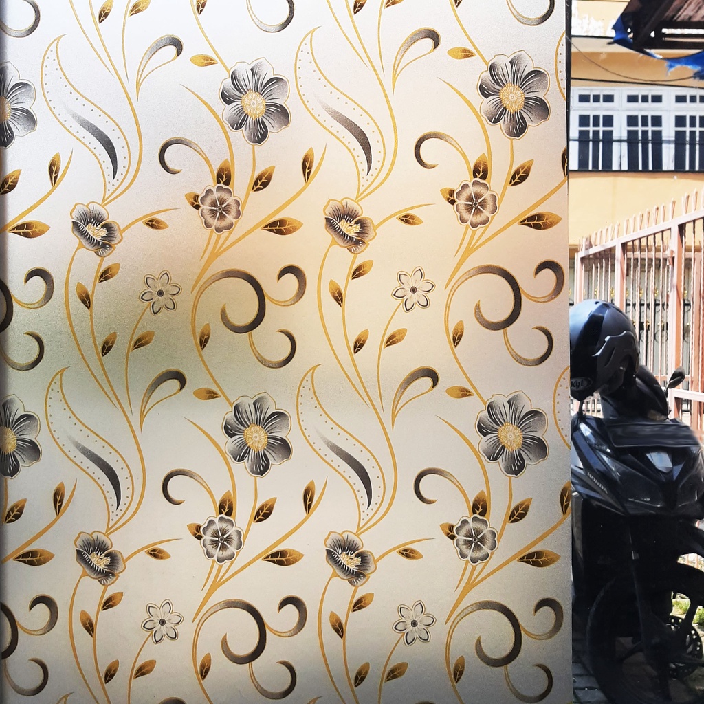 Eva Luvgreen Stiker Kaca Motif Batik Bunga Coklat Ukuran 45x100cm Sandblast Kaca Es Kaca Buram GS 07