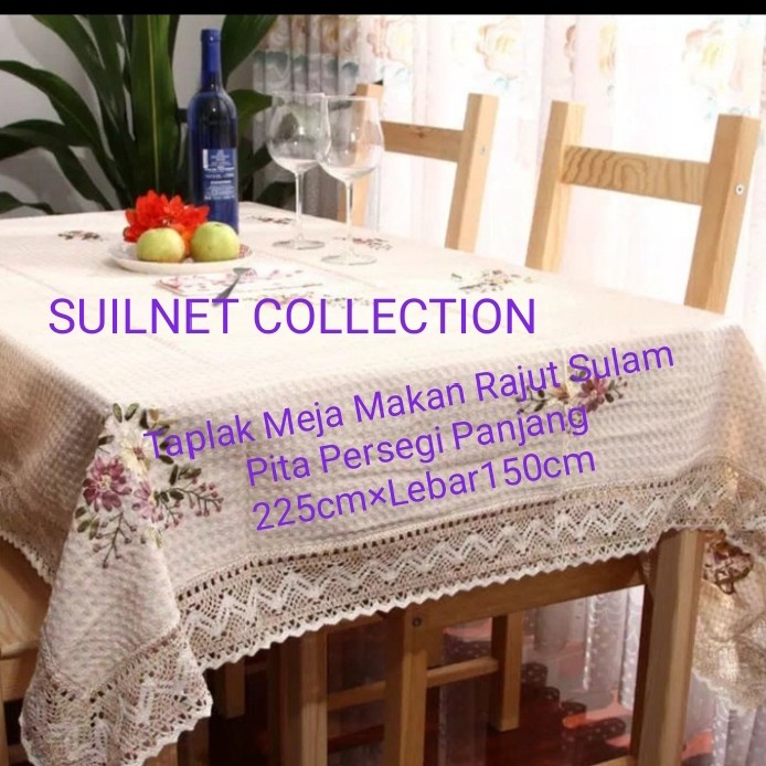 Taplak Meja Makan - Taplak Meja Makan Rajut Sulam Pita Persegi Panjang 225CmLebar150Cm.