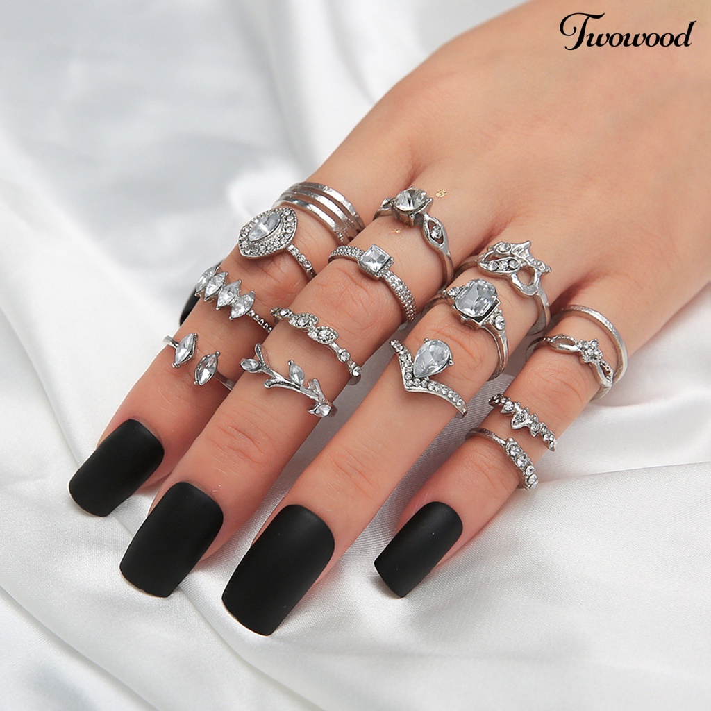 15pcs Cincin Jari Model Hollow Out Warna Silver Untuk Wanita