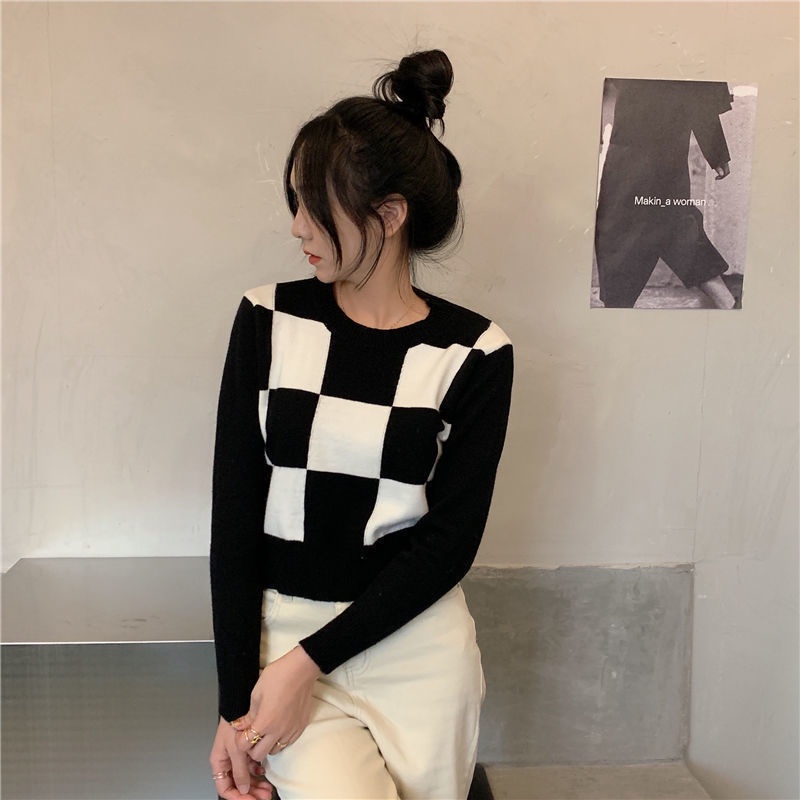 rajut crop top kotak kotak lengan panjang atasan import sweater korea